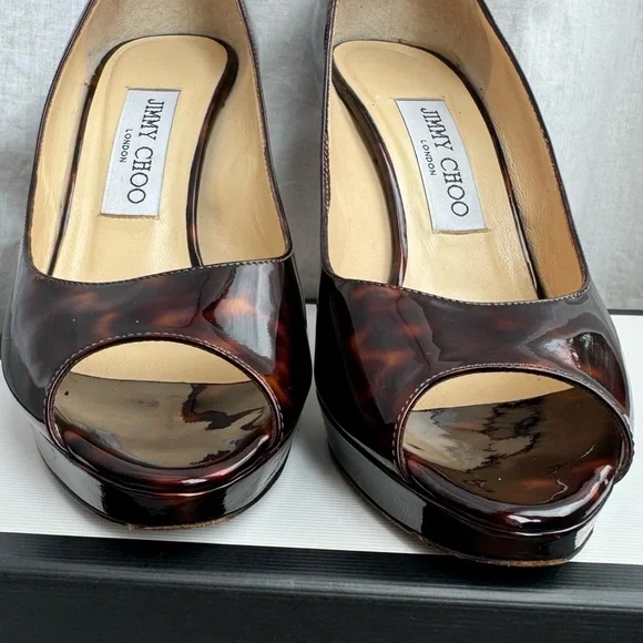 Jimmy Choo Tortoiseshell Patent Leather Peep Toe Heels